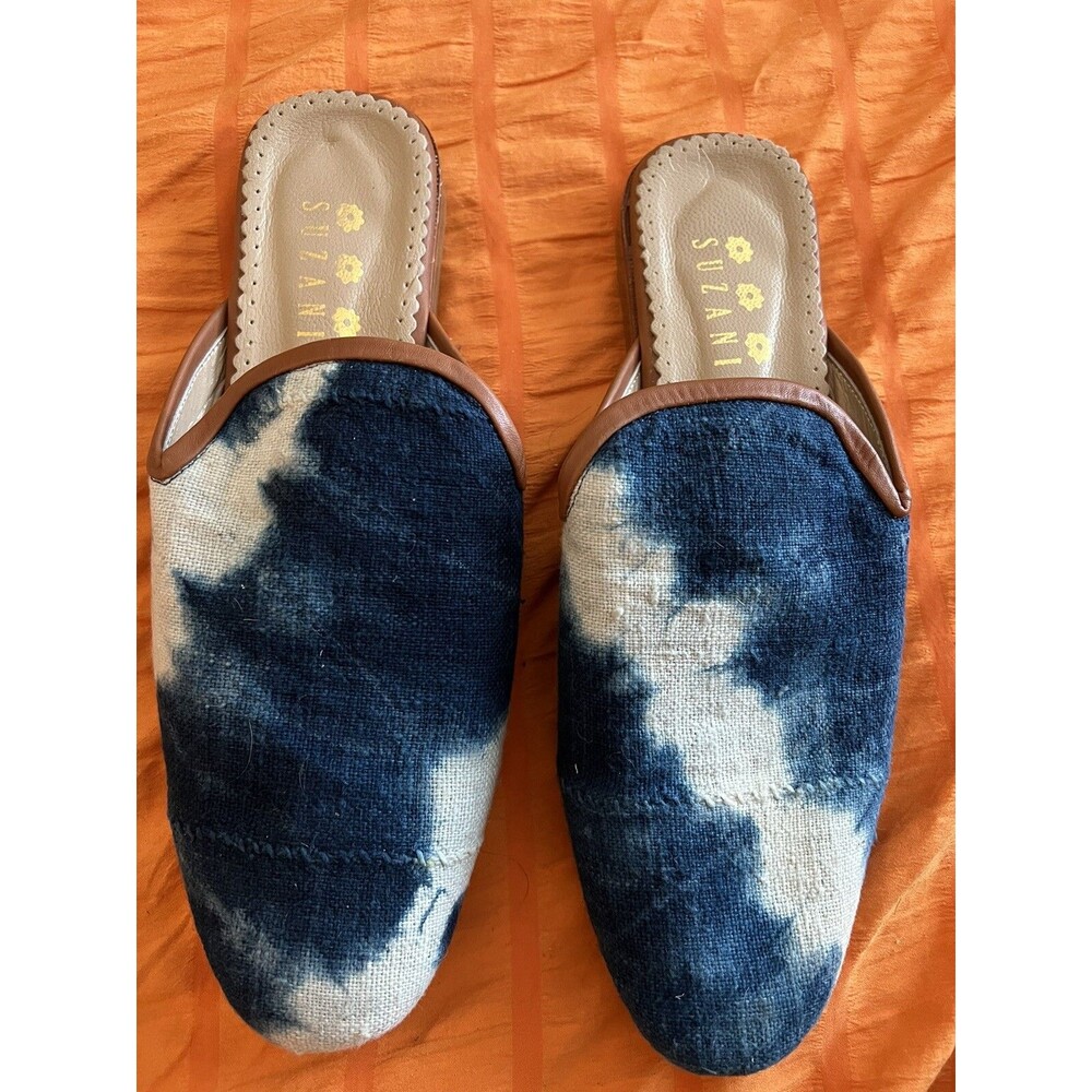 Women's Suzani Slides Turkish Indigo Tie Dye Sz 42 Leather Sole & Lining